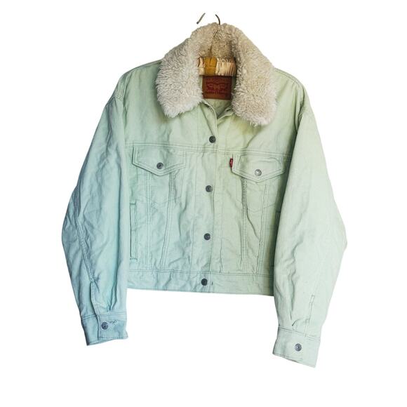 Levis Womens Cropped Corduroy Trucker Jacket Sherpa Lined Collar XS Mint Green - Picture 9 of 15